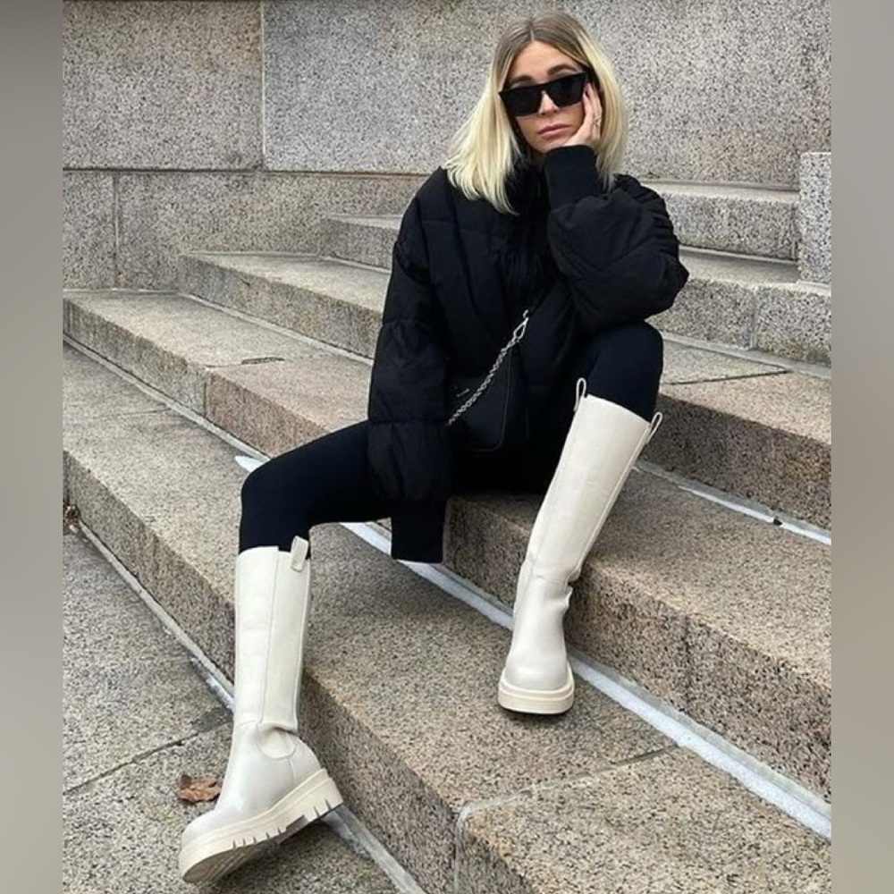 H&M lug sole knee high boot in cream